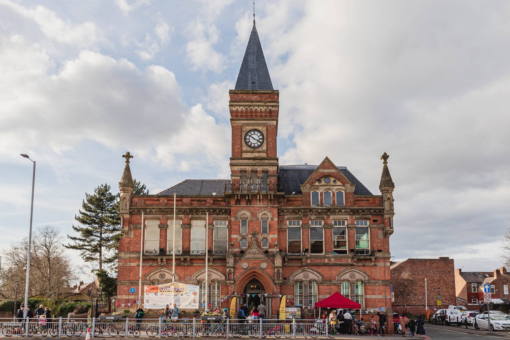 Exterior of Stretford Public Hall decorated for Stretfest