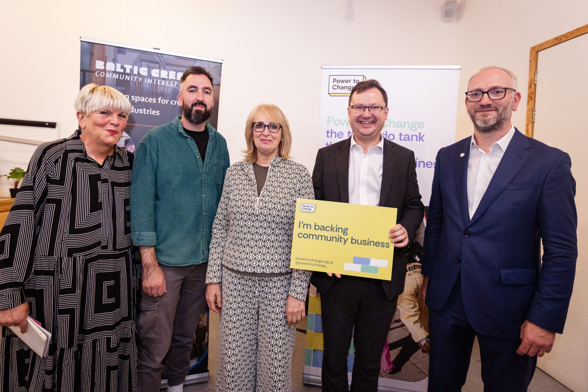 Sally-Anne Watkiss (Chair, Homebaked Bakery), Liam Kelly (Chief Executive, Make CIC), Erika Rushton (Programme Director, Kindred LCR), Alex Norris MP, and Tim Davies-Pugh (Chief Executive, Power to Change) at an event